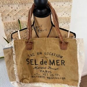 Vintage Sel de Mer Upcycled canvas tote bag with leather handles and frayed edge